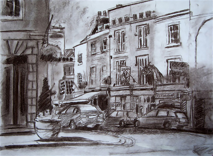 west mall, clifton, bristol charcoal on paper