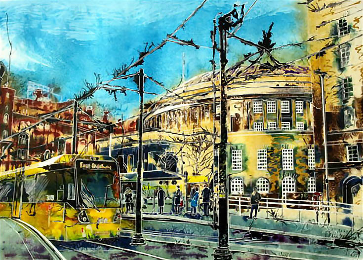 ©2015-Cathy-Read-Catching-a-tram-from-the-Library-Watercolour-and-Acrylic-55-x-75-cm-600