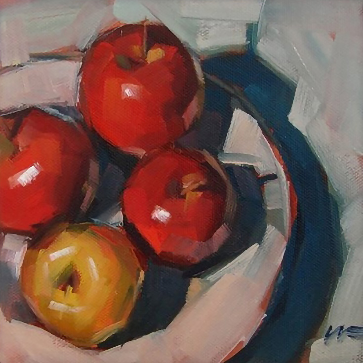 Painting of 4 apples on a white plate