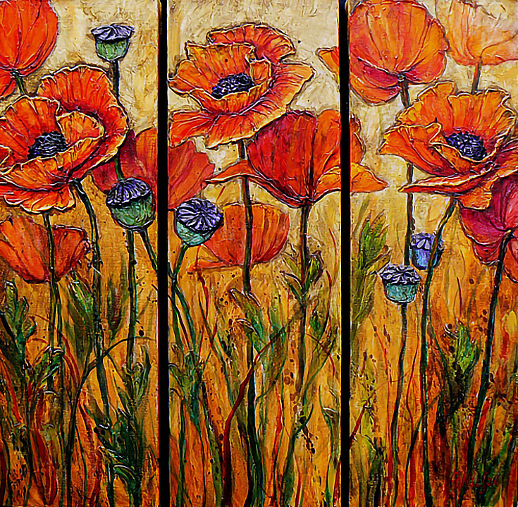 triptych of orange poppies