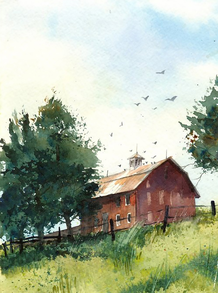 Painting of a red barn on green fields (another counterpoint illustration)