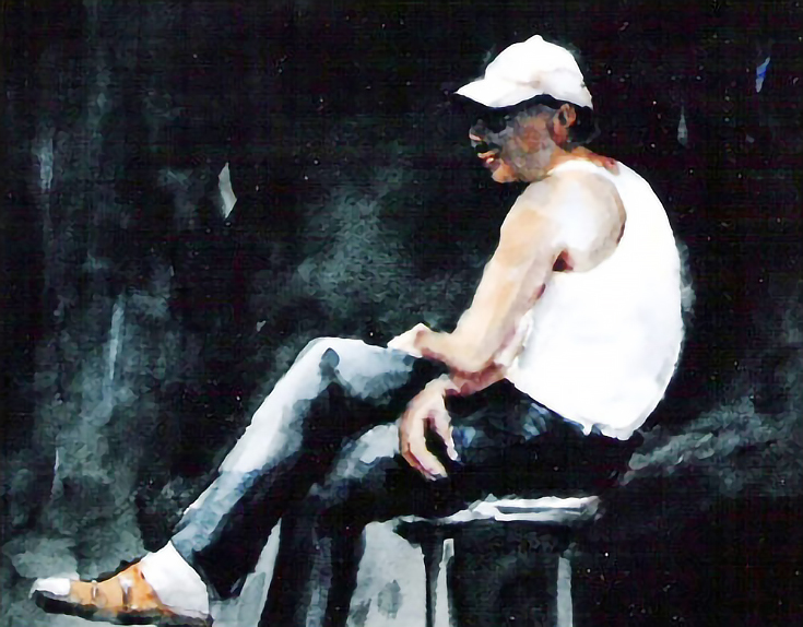 Painting of a man sitting cross-legged and cross-armed on a bench to illustrate counterpoint through composition