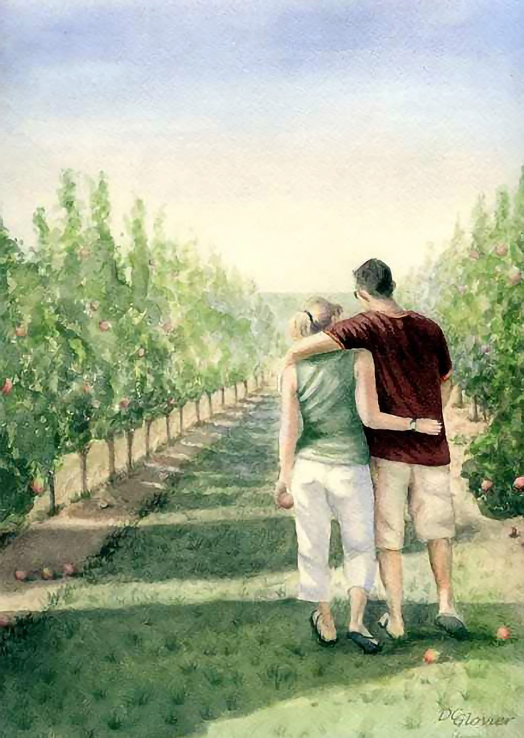 Painting of a young couple walking through an apple orchard