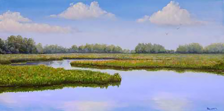 Painting of a curving waterway through marshy grasses
