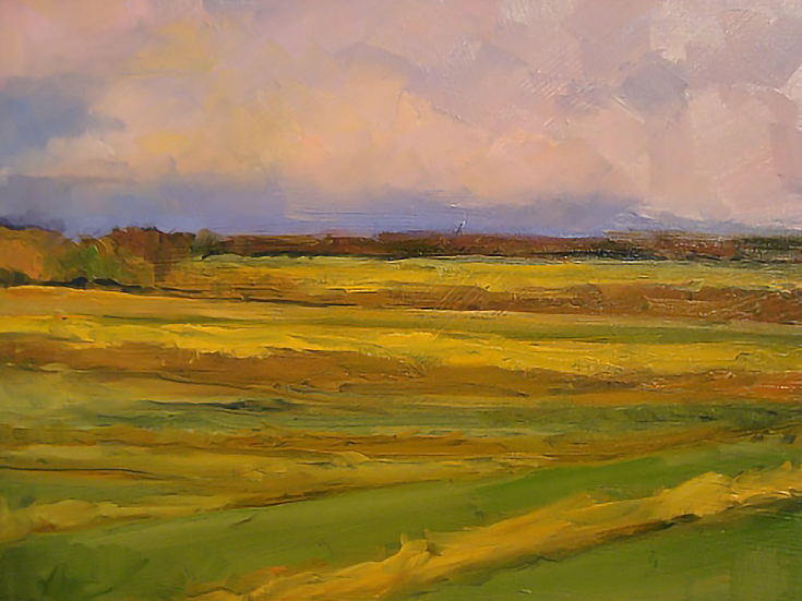 Simple yet beautiful painting of farmland with rows of golden wheat and green grass