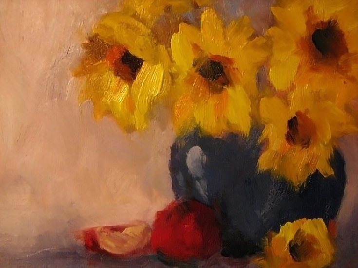 Impressionist-style painting of yellow flowers in a dark vase