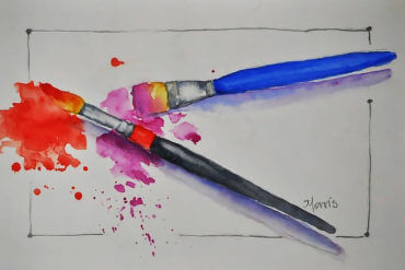 Illustration of two watercolor brushes laid on a piece of watercolor paper