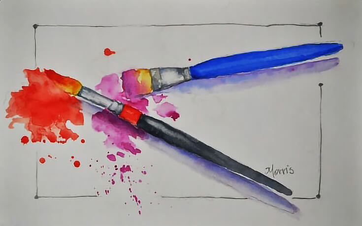 Illustration of two watercolor brushes laid on a piece of watercolor paper