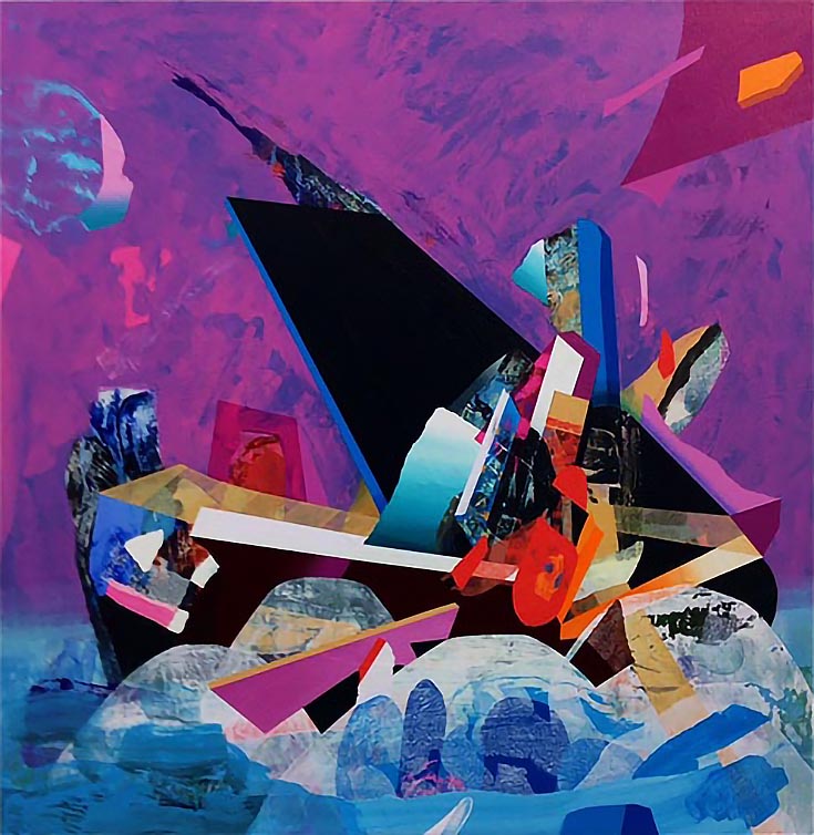 Geometric-looking abstract painting of a ship capsizing at sea in bright, vivid colors of purple, blue, and black