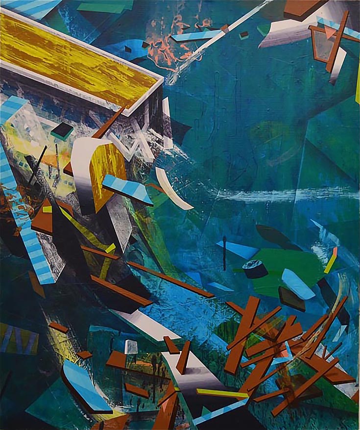 Abstract painting of a shipwreck in action, with colorful planks and parts of a ship being crashed apart by blue water