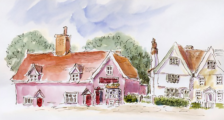 Brightly-drawn painting of a store and cottages