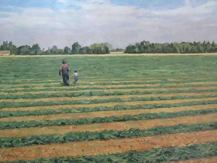 Painting of a boy and his father walking home through the fields in the afternoon