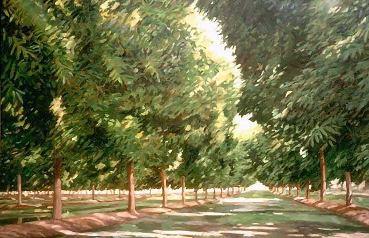 Painting of a lane through an orchard, with light filtering through the trees
