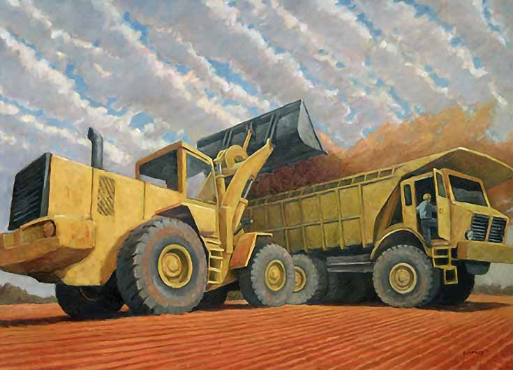 Painting of two giant yellow farm machines with huge wheels working in a field under a cloud-streaked sky