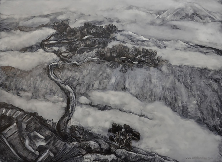 Monochromatic painting of a tree growing from a cliff high above the ground and clouds