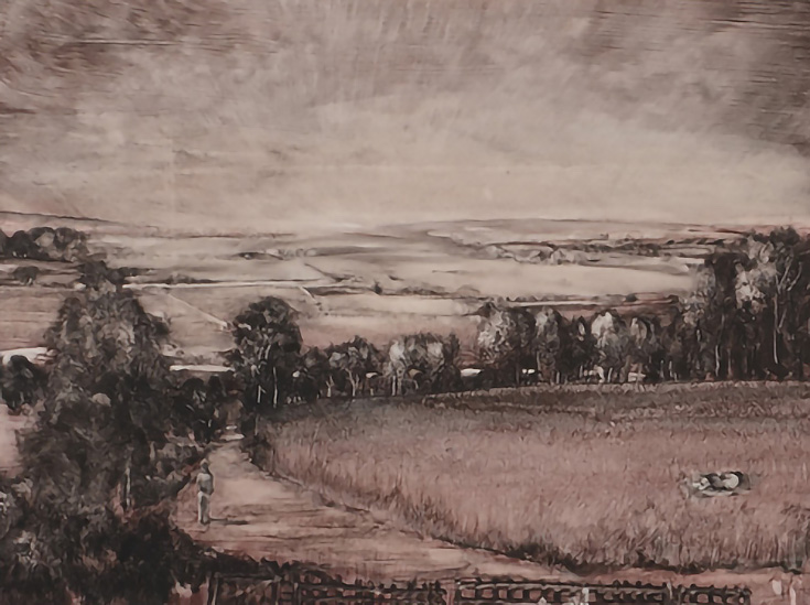 Monochromatic red, black, and white painting of Cotswald farmlands and fields