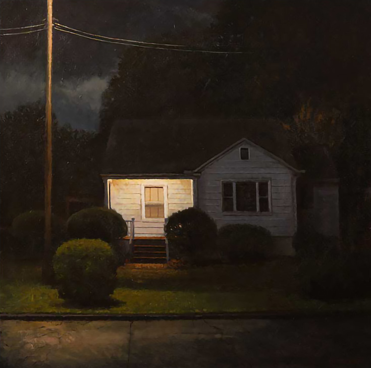 Painting of a small white house lit by a streetlamp and porch light at night