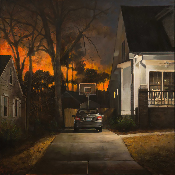 Night-time painting of a driveway and parked car next to a white two-story home