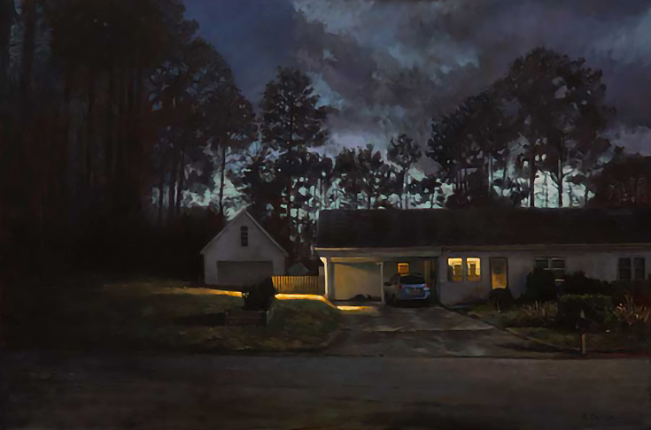 Dark painting of a home at night, under a deep blue sky with softly glowing clouds