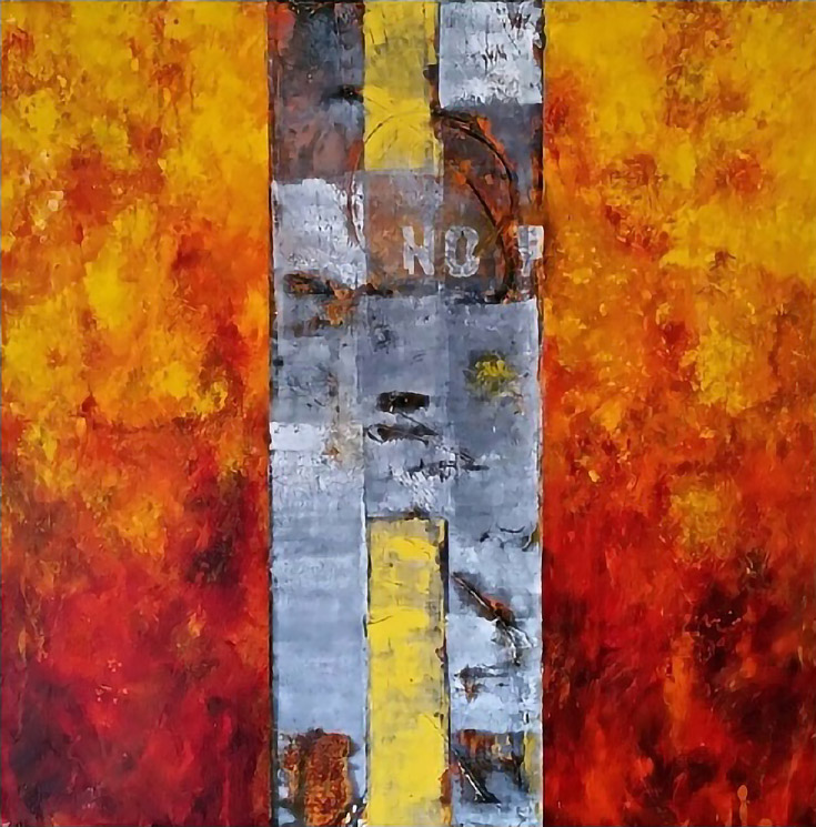 Red and gold textured painting with a strip of cool blue-white in the middle of the composition