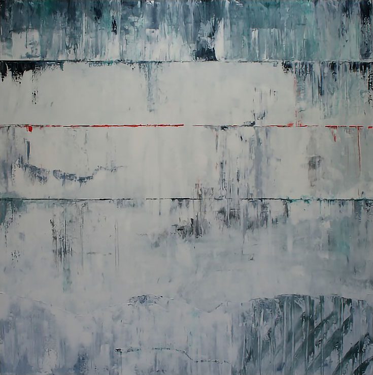 Abstract painting with textured sections of blue and white. Lines cross the painting at intervals (including one red line) to break up the space.