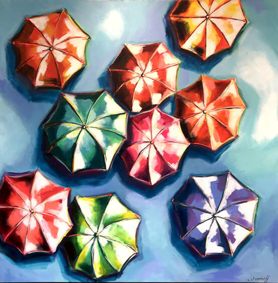 A painting of several brightly-colored umbrellas seen from above