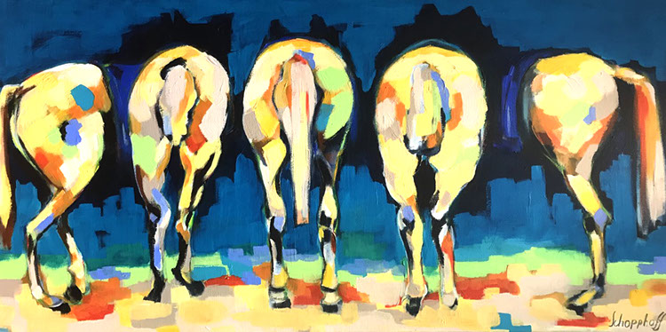 Five horses painted in an impressionistic style, seen from the back