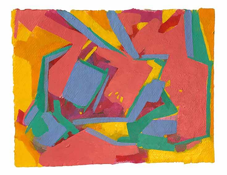 Abstract painting in light pink, yellow, blue and green