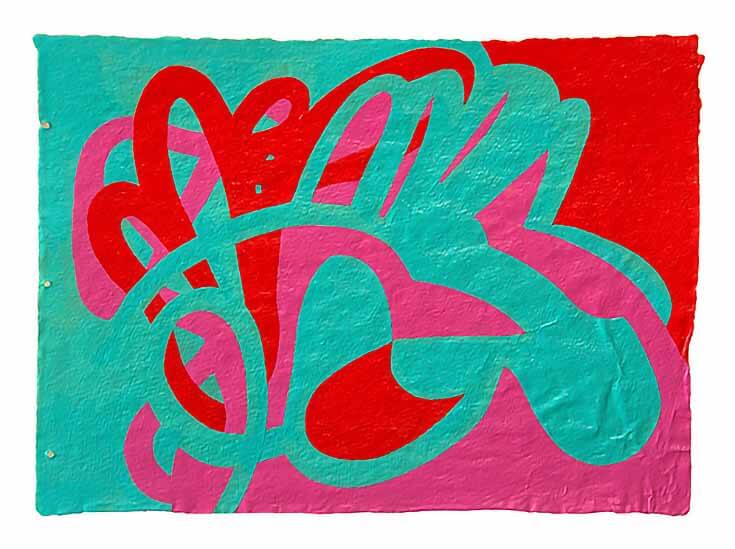 abstract painting in teal, pink, and red