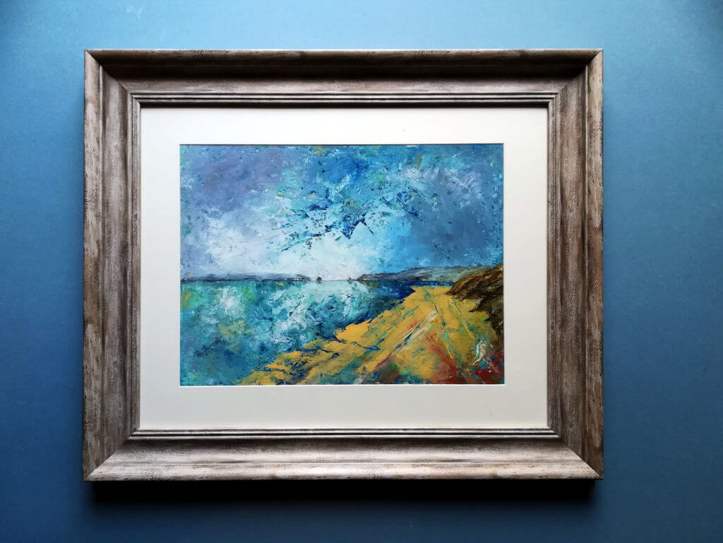 Framed painting of a West Wales ocean seascape featuring South Beach and Caldey Island