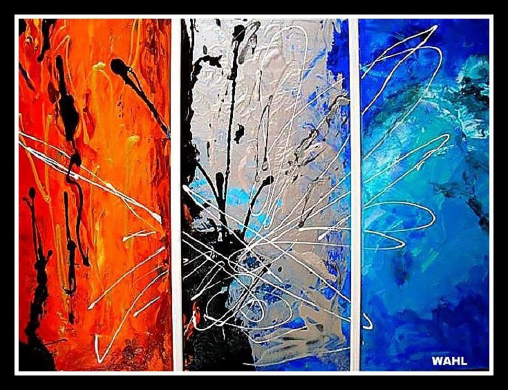 Abstract painting divided into three sections, one red, one gray, and one blue with black spreading throughout