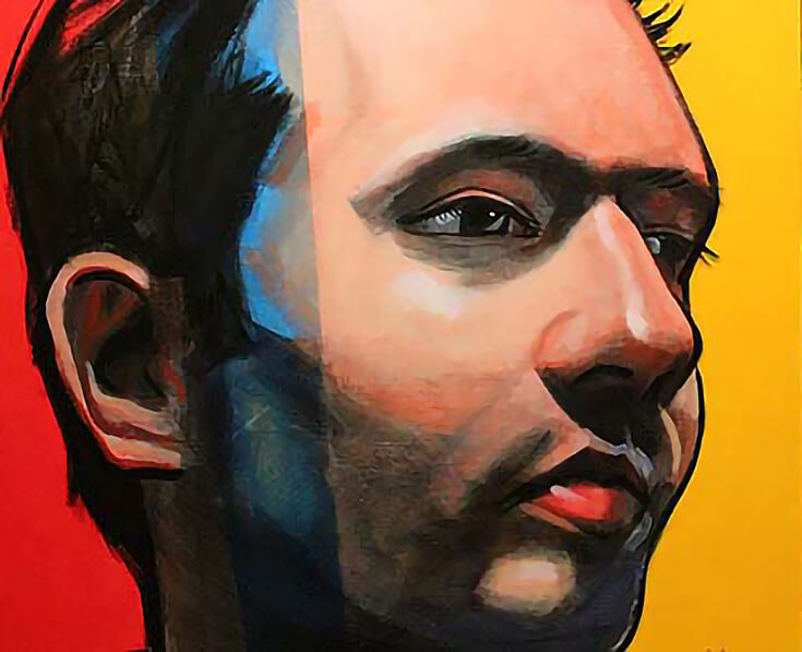 Close-up of bright acrylic portrait painting of a young man