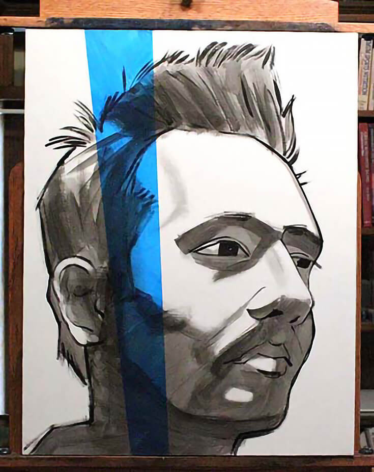 Gray and white portrait painting with a vertical transparent blue streak over part of the face