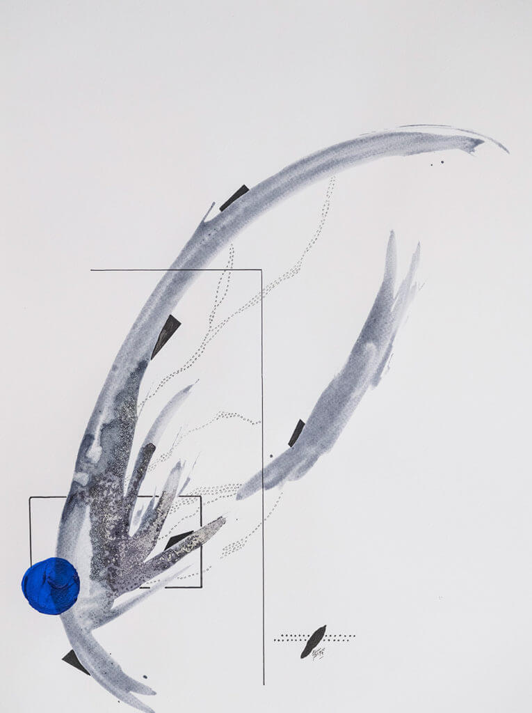 Abstract painting by Alison Bignon with a blue dot and growing, strands of gray
