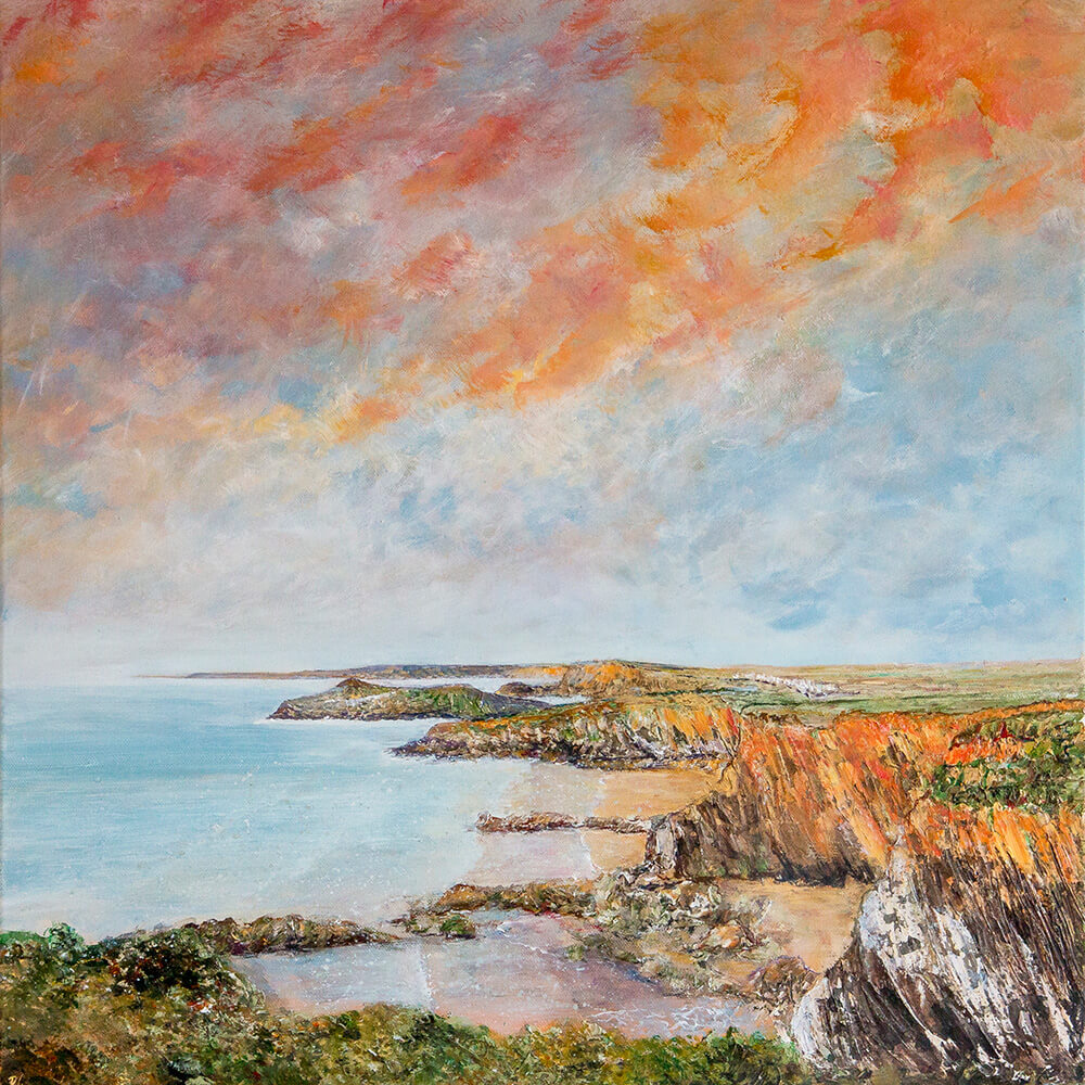 Finished painting of a Cornwall landscape with ocean and sunset