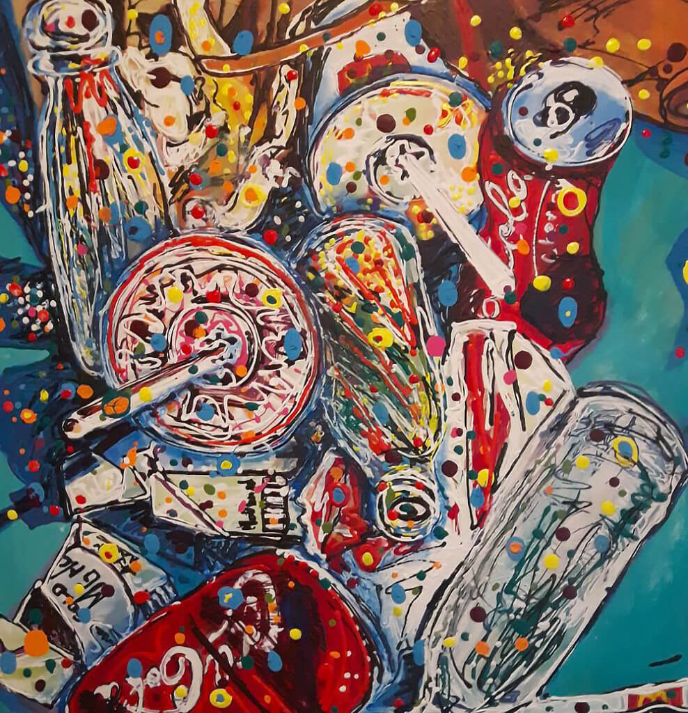 Bright, busy painting of crumpled pop cans and soda bottles