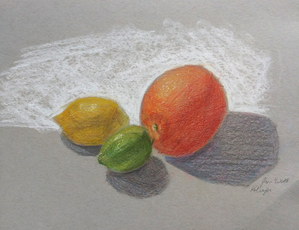 Colored pencil drawing of an orange, lemon, and lime
