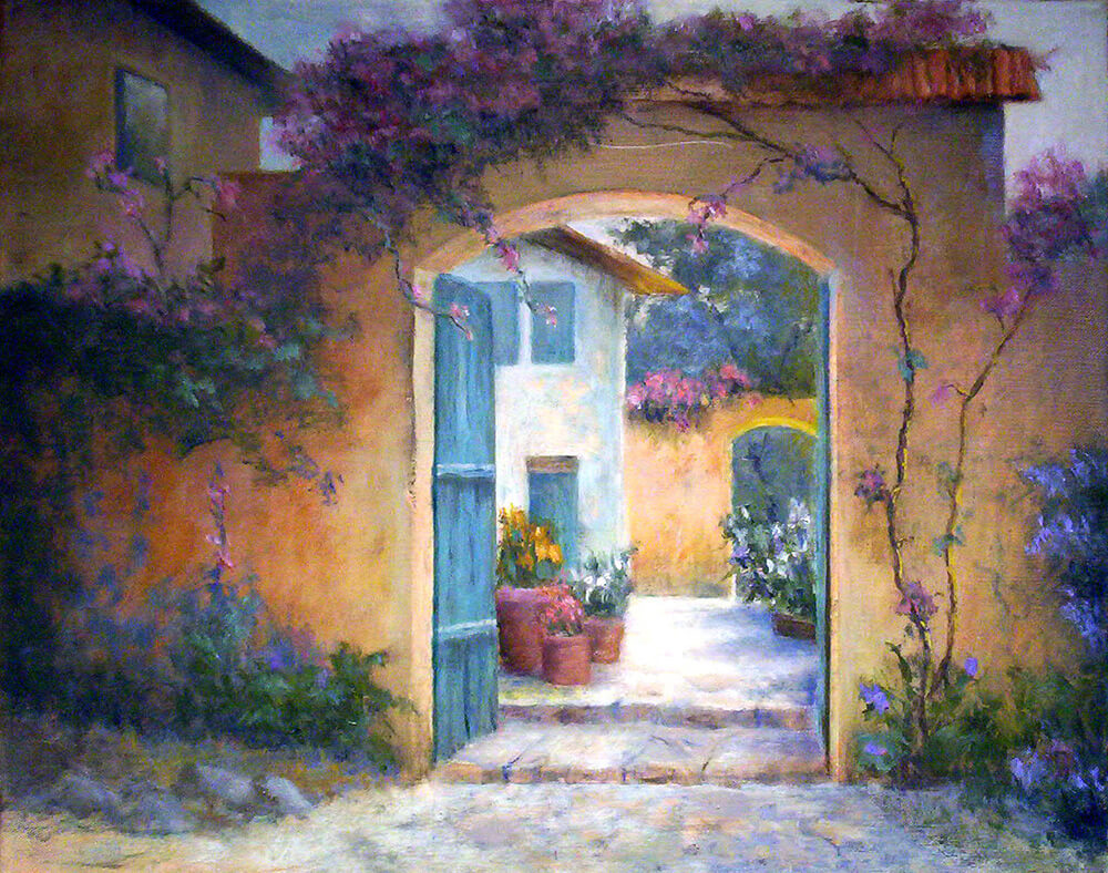 Painting of a courtyard surrounded by foliage and flowers