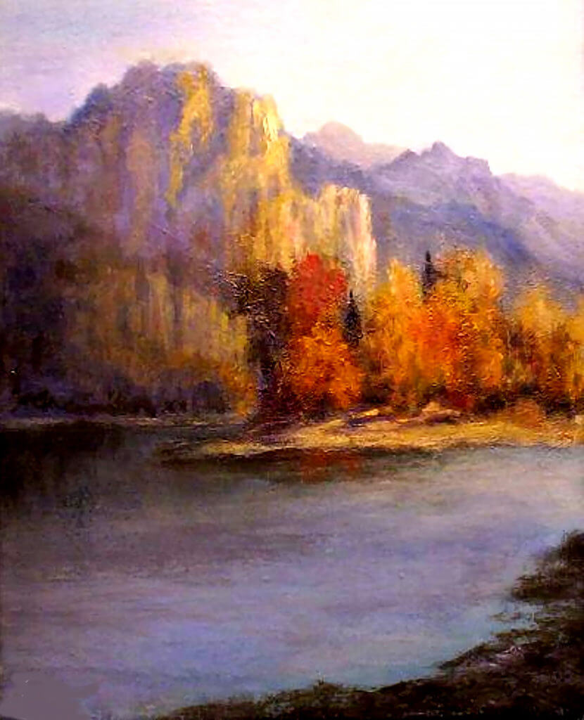 Painting of purple cliffs rising above a still lake
