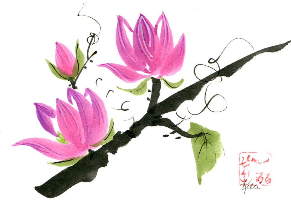 Finished painting of magnolia blossoms on a branch in the Chinese brush painting style
