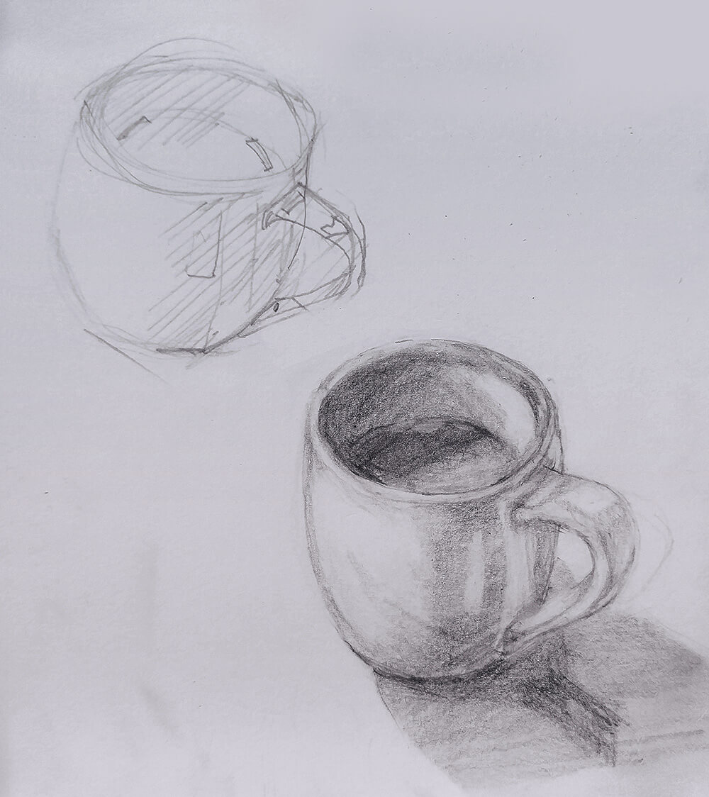 A sketch of a mug, plus a more detailed drawing of a mug