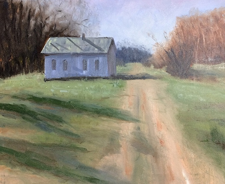 Painting of an old one-room schoolhouse beside a dirt lane