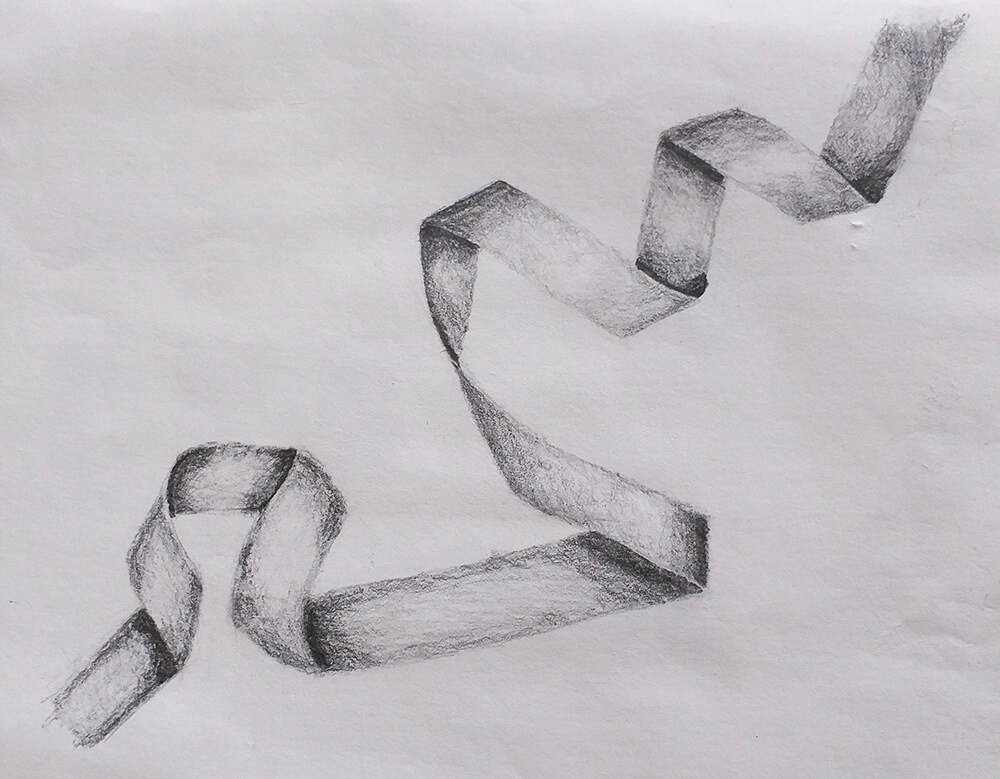 Pencil drawing of a ribbon with gradation of light and shadow