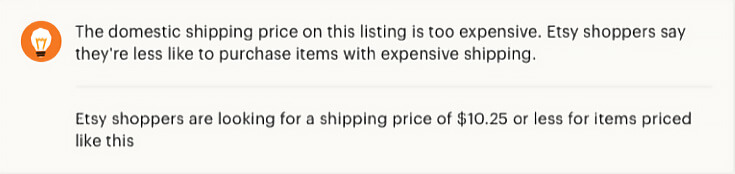 Shipping warning on Etsy if your shipping fees are too high