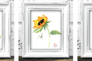 3 framed sunflower paintings painted in the Chinese brushpainting style