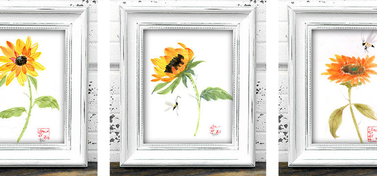 3 framed sunflower paintings painted in the Chinese brushpainting style