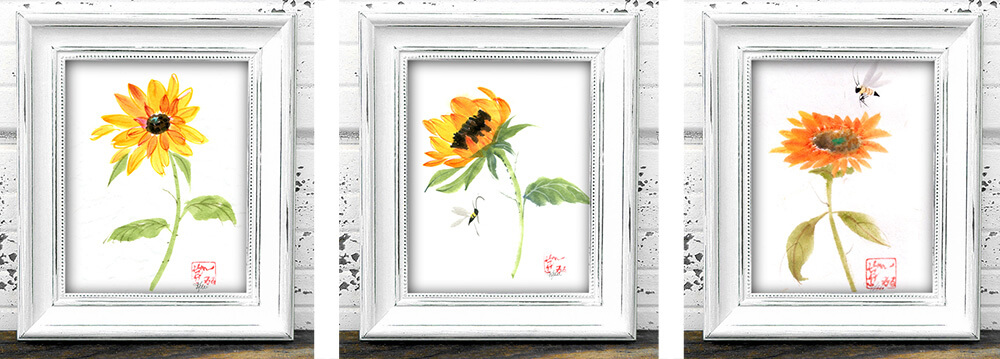 3 framed sunflower paintings painted in the Chinese brushpainting style