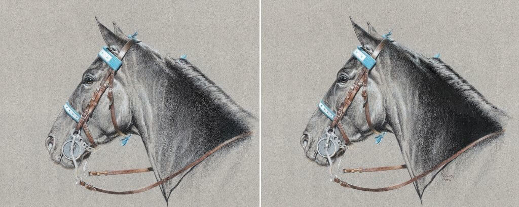 Two images of the same drawing: one is finished and ready to sell, the other is not.