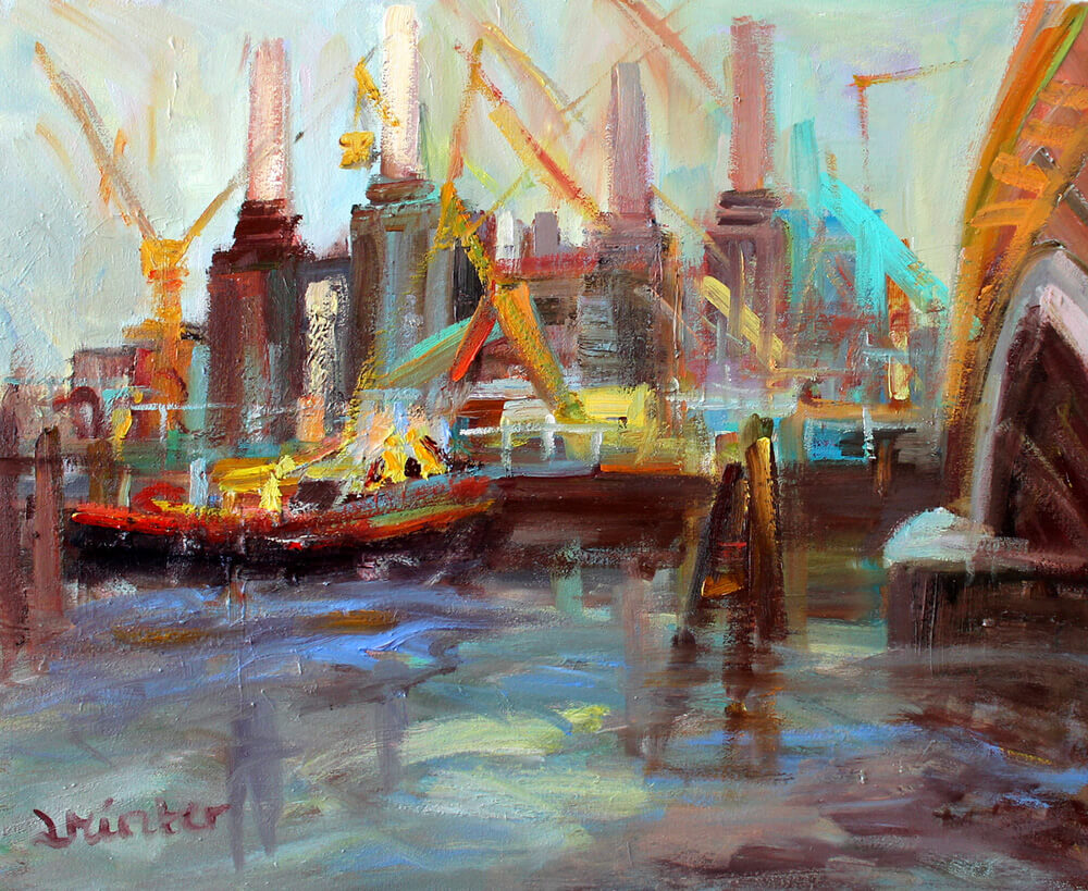 Abstract painting of the Battersea power station and bridge in London