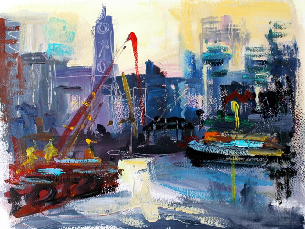 Semi-abstract painting of cranes constructing a building in London